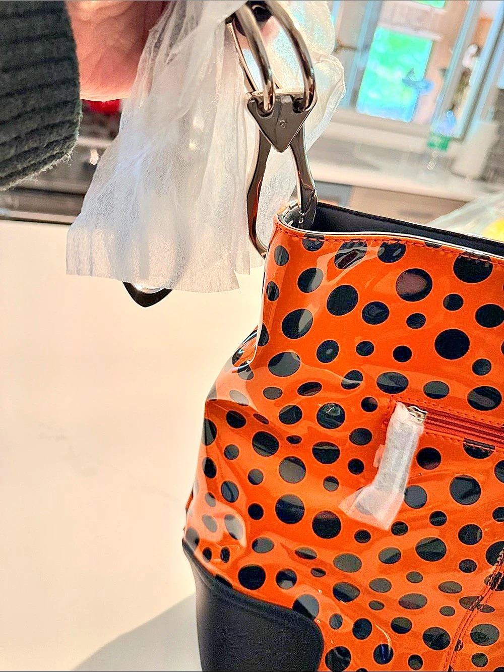 Dasein Orange Black Polka Dot Patent Satchel Shoulder Bag - Picture 4 of 9